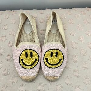 Tiana New York Smiley Face Beaded Espadrille Flats Cream Size 9